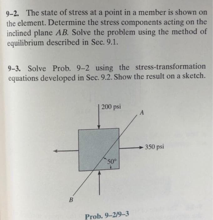 9-2. The state of stress at a point in a member is shown on
the element. Determine the stress components acting on the
inclined plane AB. Solve the problem using the method of
equilibrium described in Sec. 9.1.
9-3. Solve Prob. 9-2 using the stress-transformation
equations developed in Sec. 9.2. Show the result on a sketch.
B
200 psi
50°
Prob. 9-2/9-3
A
-350 psi