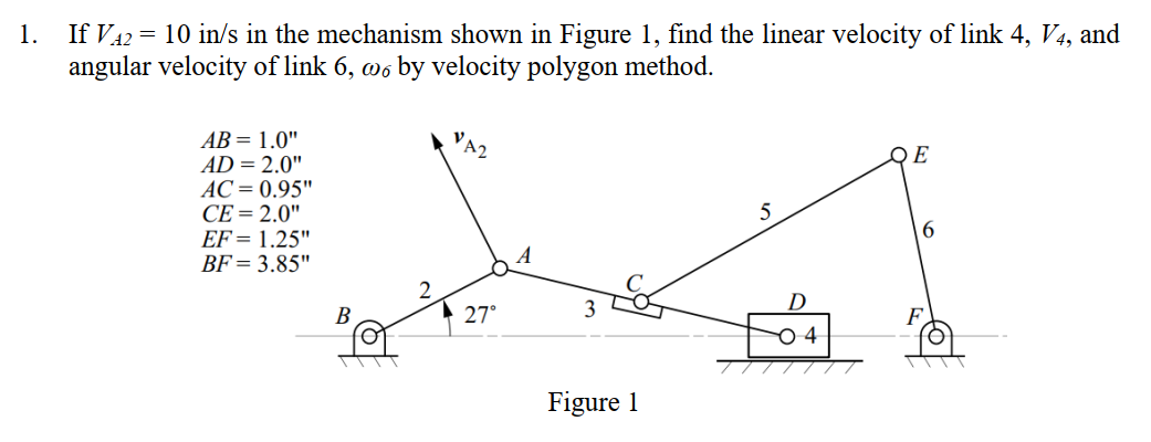 If V42 = 10 in/s in the mechanism shown in Figure 1, find the linear velocity of link 4, V4, and
angular velocity of link 6, w6 by velocity polygon method.
1.
AB = 1.0"
AD = 2.0"
AC= 0.95"
СЕ 3 2.0"
E
5
6.
EF= 1.25"
BF= 3.85"
A
3
D
В
27°
F
//////
Figure 1
