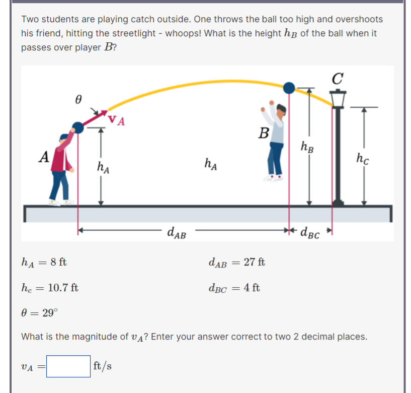 Two students are playing catch outside. One throws the ball too high and overshoots
his friend, hitting the streetlight - whoops! What is the height hB of the ball when it
passes over player B?
VA
В
hB
ho
A
ha
ha
* dBc
dAB
dAB = 27 ft
h4 = 8 ft
dBC = 4 ft
h. = 10.7 ft
0 = 29°
What is the magnitude of v4? Enter your answer correct to two 2 decimal places.
ft/s
VA
