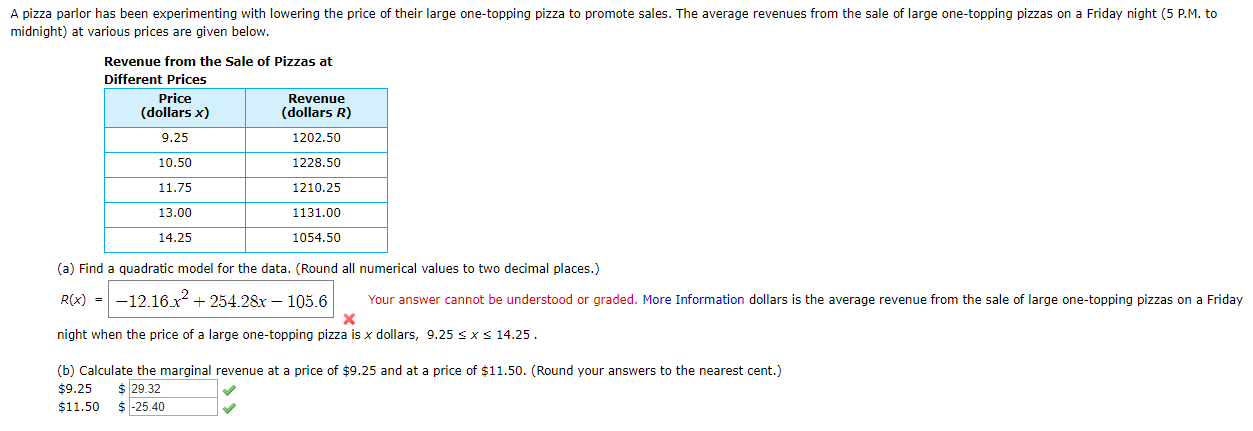A pizza parlor has been experimenting with lowering the price of their large one-topping pizza to promote sales. The average revenues from the sale of large one-topping pizzas on a Friday night (5 P.M. to
midnight) at various prices are given below.
Revenue from the Sale of Pizzas at
Different Prices
Price
Revenue
(dollars R)
(dollars x)
9.25
1202.50
10.50
1228.50
1210.25
11.75
1131.00
13.00
14.25
1054.50
(a) Find a quadratic model for the data. (Round all numerical values to two decimal places.)
R(x) =-12.16.x2 + 254.28x – 105.6
Your answer cannot be understood or graded. More Information dollars is the average revenue from the sale of large one-topping pizzas on a Friday
night when the price of a large one-topping pizza is x dollars, 9.25 sxs 14.25.
(b) Calculate the marginal revenue at a price of $9.25 and at a price of $11.50. (Round your answers to the nearest cent.)
$ 29.32
$ -25.40
$9.25
$11.50
