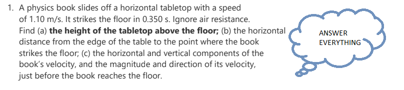 1. A physics book slides off a horizontal tabletop with a speed
of 1.10 m/s. It strikes the floor in 0.350 s. Ignore air resistance.
Find (a) the height of the tabletop above the floor; (b) the horizontal
distance from the edge of the table to the point where the book
strikes the floor; (c) the horizontal and vertical components of the
book's velocity, and the magnitude and direction of its velocity,
just before the book reaches the floor.
ANSWER
EVERYTHING