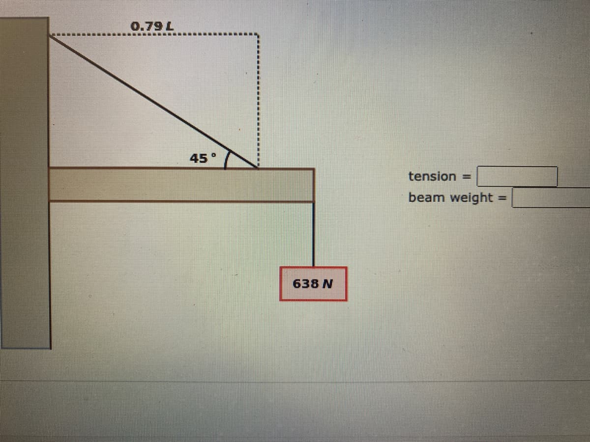 0.79 L
45°
638 N
tension =
beam weight