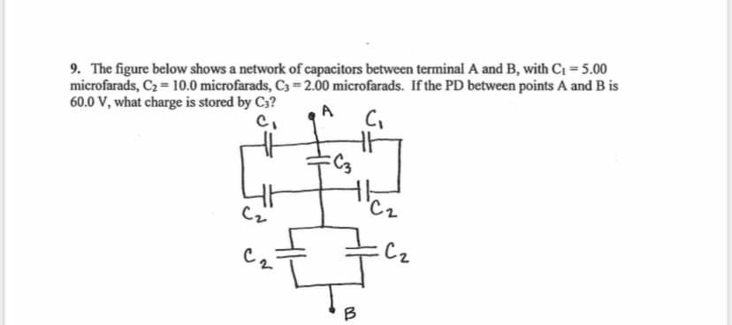 9. The figure below shows a network of capacitors between terminal A and B, with C₁ =5.00
microfarads, C2 10.0 microfarads, C3 -2.00 microfarads. If the PD between points A and B is
60.0 V, what charge is stored by C3?
A
C₁
C₁
C2
B
C₂