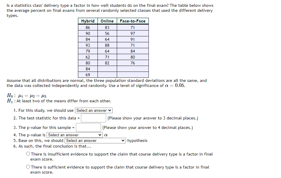 Is a statistics class' delivery type a factor in how well students do on the final exam? The table below shows
the average percent on final exams from several randomly selected classes that used the different delivery
types.
Hybrid
86
90
84
93
79
62
Online
83
56
64
88
64
71
82
Ho H₁ H2 = μ3
H₁: At least two of the means differ from each other.
3. The p-value for this sample=
4. The p-value is Select an answer
5. Base on this, we should [Select an answer
6. As such, the final conclusion is that...
1. For this study, we should use Select an answer
2. The test-statistic for this data =
Face-to-Face
71
97
80
84
69
Assume that all distributions are normal, the three population standard deviations are all the same, and
the data was collected independently and randomly. Use a level of significance of a = 0.05.
91
71
84
80
76
(Please show your answer to 3 decimal places.)
(Please show your answer to 4 decimal places.)
α
hypothesis
O There is insufficient evidence to support the claim that course delivery type is a factor in final
exam score.
O There is sufficient evidence to support the claim that course delivery type is a factor in final
exam score.