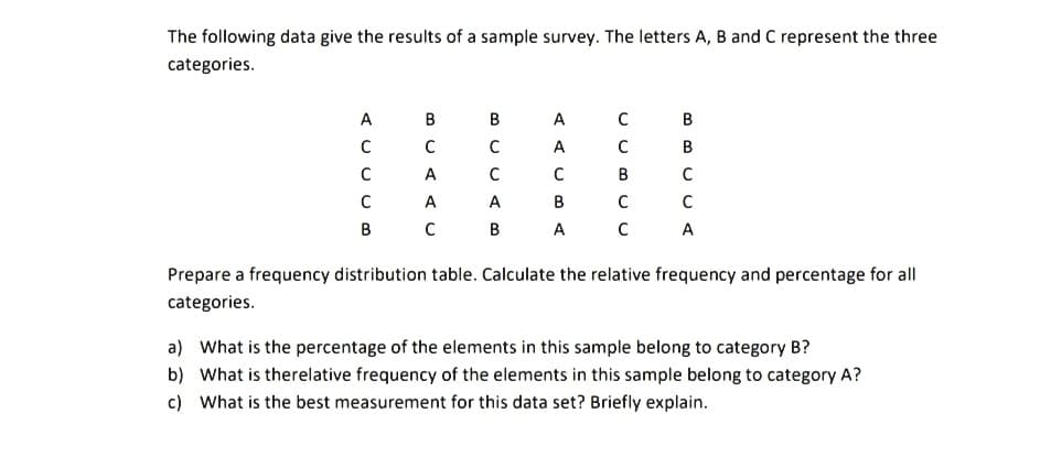 The following data give the results of a sample survey. The letters A, B and C represent the three
categories.
A
в
B
A
C B
A
C
B
A
B
C
A
A
C
B
B
A
A
Prepare a frequency distribution table. Calculate the relative frequency and percentage for all
categories.
a) What is the percentage of the elements in this sample belong to category B?
b) What is therelative frequency of the elements in this sample belong to category A?
c) What is the best measurement for this data set? Briefly explain.
