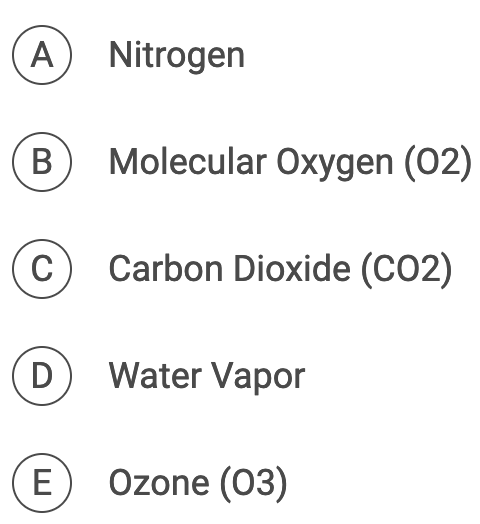 (A) Nitrogen
B
C
D
E
Molecular Oxygen (02)
Carbon Dioxide (CO2)
Water Vapor
Ozone (03)