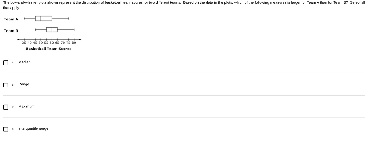 The box-and-whisker plots shown represent the distribution of basketball team scores for two different teams. Based on the data in the plots, which of the following measures is larger for Team A than for Team B? Select all
that apply.
Team A
Team B
[
0
□
L
35 40 45 50 55 60 65 70 75 80
Basketball Team Scores
Median
Range
C. Maximum
D. Interquartile range