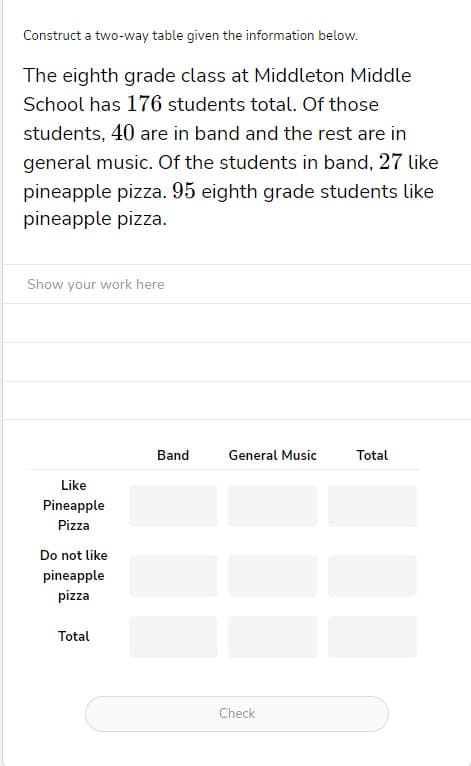 Construct a two-way table given the information below.
The eighth grade class at Middleton Middle
School has 176 students total. Of those
students, 40 are in band and the rest are in
general music. Of the students in band, 27 like
pineapple pizza. 95 eighth grade students like
pineapple pizza.
Show your work here
Like
Pineapple
Pizza
Do not like
pineapple
pizza
Total
Band
General Music
Check
Total