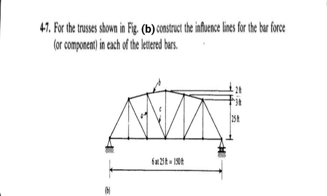 4-7. For the trusses shown in Fig. (b) construct the influence lines for the bar force
(or component) in each of the lettered bars.
- 2ft
25 ft
6 at 25 ft = 150t
(b)
23
