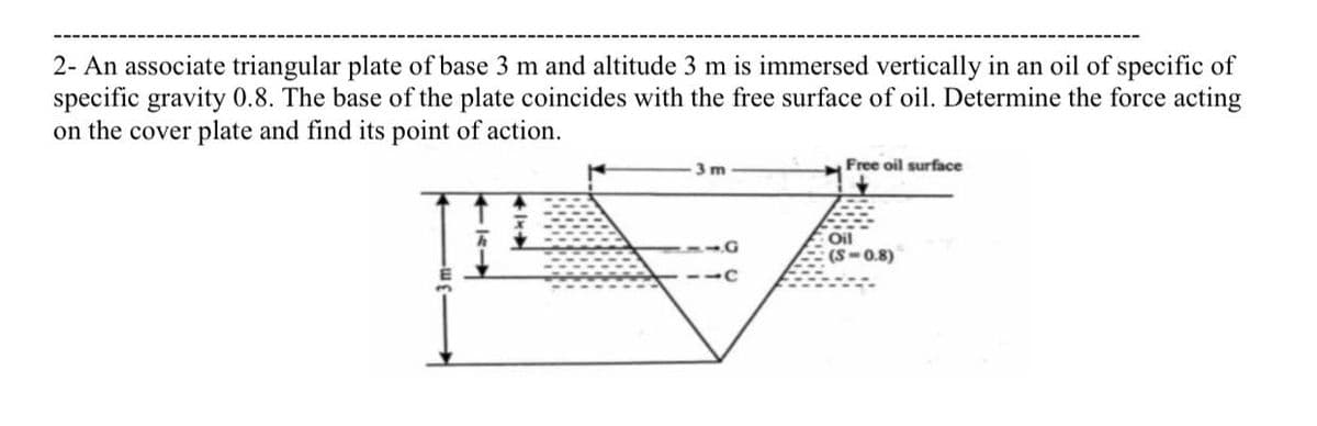 2- An associate triangular plate of base 3 m and altitude 3 m is immersed vertically in an oil of specific of
specific gravity 0.8. The base of the plate coincides with the free surface of oil. Determine the force acting
on the cover plate and find its point of action.
3m
Free oil surface
Oil
(S-0.8)
