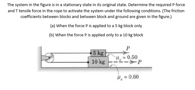 The system in the figure is in a stationary state in its original state. Determine the required P force
and T tensile force in the rope to activate the system under the following conditions. (The friction
coefficients between blocks and between block and ground are given in the figure.)
(a) When the force P is applied to a 5 kg block only
(b) When the force P is applied only to a 10 kg block
5 kg
= 0.50
10 kg
= 0.60
