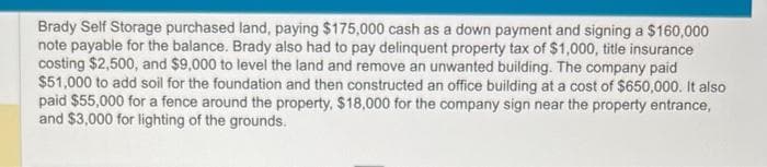 Brady Self Storage purchased land, paying $175,000 cash as a down payment and signing a $160,000
note payable for the balance. Brady also had to pay delinquent property tax of $1,000, title insurance
costing $2,500, and $9,000 to level the land and remove an unwanted building. The company paid
$51,000 to add soil for the foundation and then constructed an office building at a cost of $650,000. It also
paid $55,000 for a fence around the property, $18,000 for the company sign near the property entrance,
and $3,000 for lighting of the grounds.