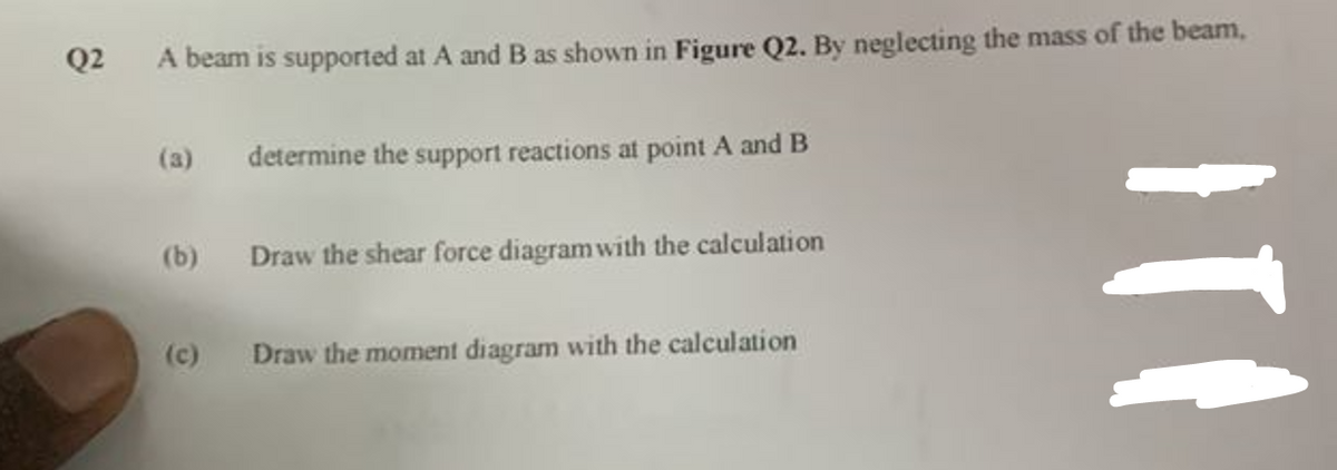 Q2
A beam is supported at A and B as shown in Figure Q2. By neglecting the mass of the beam,
(a) determine the support reactions at point A and B
(b) Draw the shear force diagram with the calculation
(c)
Draw the moment diagram with the calculation
ITA