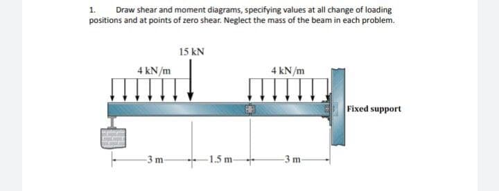 1. Draw shear and moment diagrams, specifying values at all change of loading
positions and at points of zero shear. Neglect the mass of the beam in each problem.
4 kN/m
-3 m-
15 kN
-1.5 m-
4 kN/m
-3 m-
Fixed support