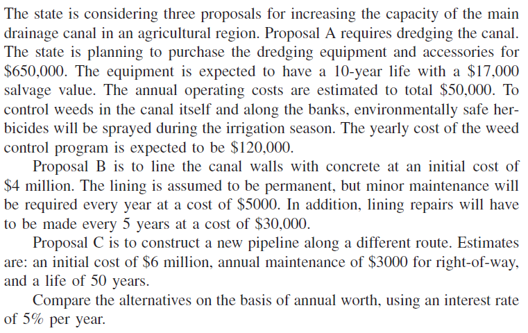 The state is considering three proposals for increasing the capacity of the main
drainage canal in an agricultural region. Proposal A requires dredging the canal.
The state is planning to purchase the dredging equipment and accessories for
$650,000. The equipment is expected to have a 10-year life with a $17,000
salvage value. The annual operating costs are estimated to total $50,000. To
control weeds in the canal itself and along the banks, environmentally safe her-
bicides will be sprayed during the irrigation season. The yearly cost of the weed
control program is expected to be $120,000.
Proposal B is to line the canal walls with concrete at an initial cost of
$4 million. The lining is assumed to be permanent, but minor maintenance will
be required every year at a cost of $5000. In addition, lining repairs will have
to be made every 5 years at a cost of $30,000.
Proposal C is to construct a new pipeline along a different route. Estimates
are: an initial cost of $6 million, annual maintenance of $3000 for right-of-way,
and a life of 50 years.
Compare the alternatives on the basis of annual worth, using an interest rate
of 5% per year.

