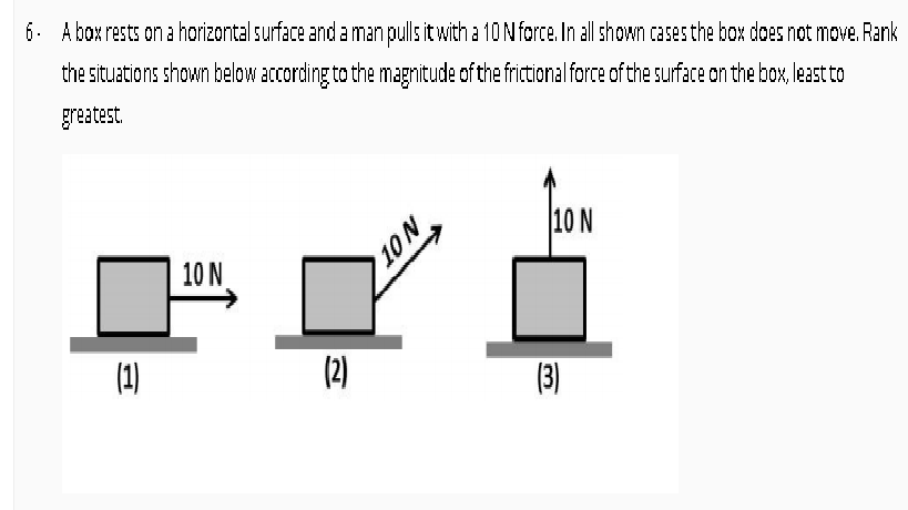 6. A box rests on a horizontal surface andaman pulls it with a 10N force. In all shown cases the box does not move. Rank
the situations shown below according to the magnitude of the frictional force of the surface on the box, least to
greatest
10 N
10 N
(1)
(2)
(3)
NOT
