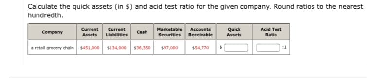 Calculate the quick assets (in $) and acid test ratio for the given company. Round ratios to the nearest
hundredth.
Current
Current
Marketable
Accounts
Quick
Acid Test
Company
Cash
Assets
Liabilities
Securities Receivable
Assets
Ratio
a retail grocery chain
$451,000
$134,000
$36,350
$97,000
$54,770
:1
