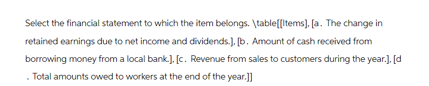 Select the financial statement to which the item belongs. \table[[Items], [a. The change in
retained earnings due to net income and dividends.], [b. Amount of cash received from
borrowing money from a local bank.], [c. Revenue from sales to customers during the year.], [d
Total amounts owed to workers at the end of the year.]]