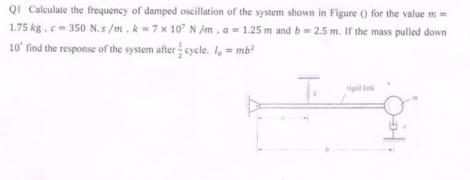 QI Calculate the frequency of damped oscillation of the system shown in Figure () for the value m =
1.75 kg,c 350 N. s /m, k =7 x 107 N Am, a = 1.25 m and b = 2.5 m. If the mass pulled down
10' find the response of the system after cycle. I, mb²
rigid link
