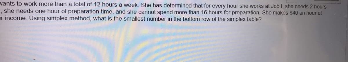 vants to work more than a total of 12 hours a week. She has determined that for every hour she works at Job I, she needs 2 hours
she needs one hour of preparation time, and she cannot spend more than 16 hours for preparation. She makes $40 an hour at
er income. Using simplex method, what is the smallest number in the bottom row of the simplex table?
