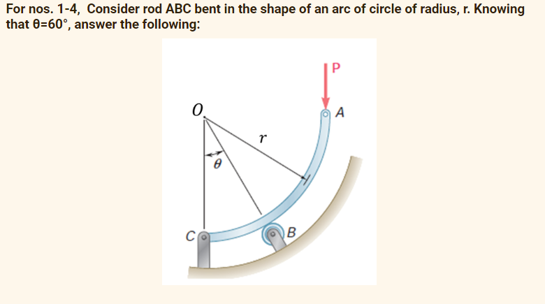 For nos. 1-4, Consider rod ABC bent in the shape of an arc of circle of radius, r. Knowing
that 0=60°, answer the following:
B
