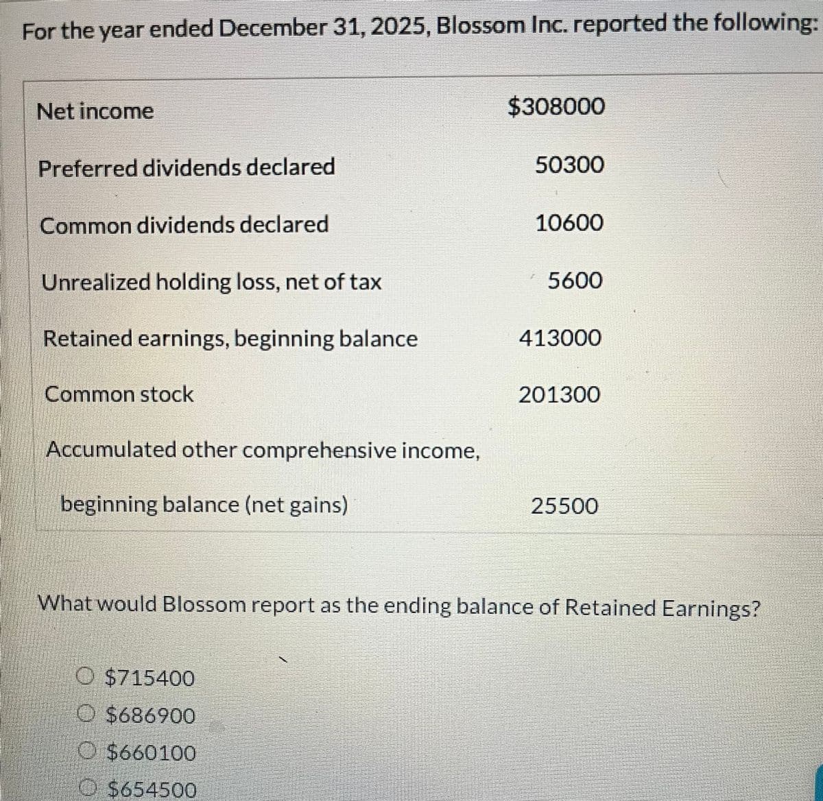 For the year ended December 31, 2025, Blossom Inc. reported the following:
Net income
Preferred dividends declared
Common dividends declared
Unrealized holding loss, net of tax
Retained earnings, beginning balance
Common stock
Accumulated other comprehensive income,
beginning balance (net gains)
$308000
O $715400
O $686900
O $660100
Ⓒ$654500
50300
10600
5600
413000
201300
25500
What would Blossom report as the ending balance of Retained Earnings?