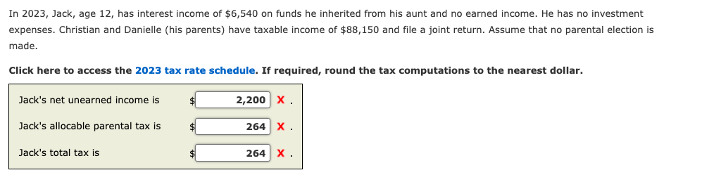 In 2023, Jack, age 12, has interest income of $6,540 on funds he inherited from his aunt and no earned income. He has no investment
expenses. Christian and Danielle (his parents) have taxable income of $88,150 and file a joint return. Assume that no parental election is
made.
Click here to access the 2023 tax rate schedule. If required, round the tax computations to the nearest dollar.
Jack's net unearned income is
Jack's allocable parental tax is
Jack's total tax is
2,200 X
264 X.
264
X.