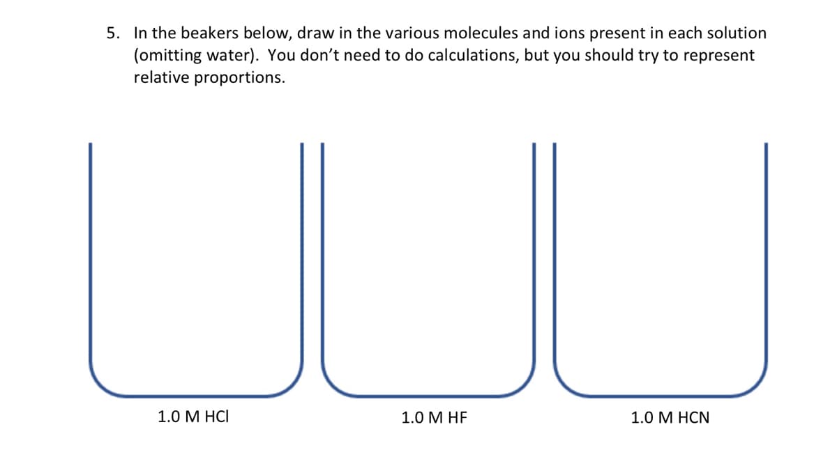 5. In the beakers below, draw in the various molecules and ions present in each solution
(omitting water). You don't need to do calculations, but you should try to represent
relative proportions.
1.0 M HCI
1.0 M HF
1.0 M HCN