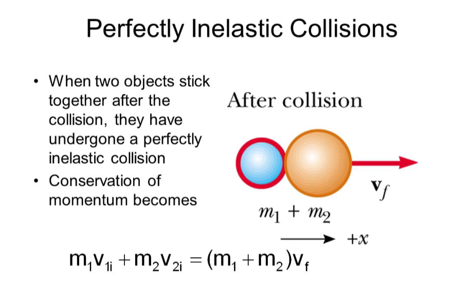 Perfectly Inelastic Collisions
When two objects stick
together after the
collision, they have
undergone a perfectly
inelastic collision
After collision
• Conservation of
momentum becomes
m1 + m2
+x
m,v +m,V = (m, +m,)v,
1i
2i
