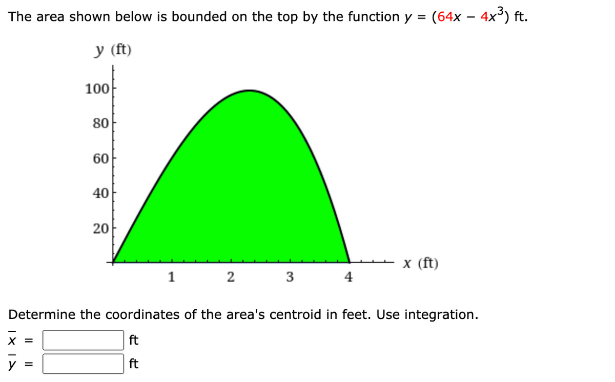 The area shown below is bounded on the top by the function y = (64x – 4x³) ft.
y (ft)
100
80
60
40
x (ft)
1
2
3
Determine the coordinates of the area's centroid in feet. Use integration.
ft
ft
20
I| ||
