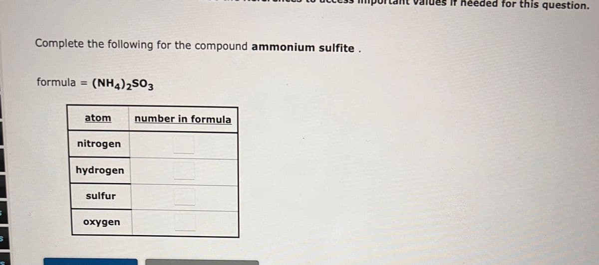 S
S
Complete the following for the compound ammonium sulfite.
formula =
(NH4)2SO3
atom
nitrogen
hydrogen
sulfur
oxygen
number in formula
Values it needed for this question.