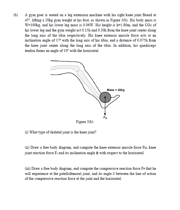 A gym goer is seated on a leg extension machine with his right knee joint flexed at
45°, lifting a 20kg gym weight at his foot, as shown in Figure 3(b). His body mass is
W=100kg, and his lower leg mass is 0.06W. His height is h=1.80m, and the CGs of
his lower leg and the gym weight act 0.15h and 0.30h from the knee joint center along
the long axis of the tibia respectively. His knee extensor muscle force acts at an
inclination angle of 17° with the long axis of his tibia, and a distance of 0.075h from
the knee joint center along the long axis of the tibia. In addition, his quadriceps
tendon forms an angle of 10° with the horizontal.
(b)
Mass = 20kg
Fw
Figure 3(b)
1) What type of skeletal joint is the knee joint?
(ii) Draw a free body diagram, and compute the knee extensor muscle force Fx, knee
joint reaction force F; and its inclination angle o with respect to the horizontal.
(iii) Draw a free body diagram, and compute the compressive reaction force Fr that he
will experience at the patellofemoral joint, and its angle ô between the line of action
of the compressive reaction force at the joint and the horizontal.
