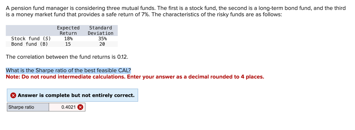 A pension fund manager is considering three mutual funds. The first is a stock fund, the second is a long-term bond fund, and the third
is a money market fund that provides a safe return of 7%. The characteristics of the risky funds are as follows:
Expected
Return
Stock fund (S)
Bond fund (B)
The correlation between the fund returns is 0.12.
18%
15
Standard
Deviation
35%
20
What is the Sharpe ratio of the best feasible CAL?
Note: Do not round intermediate calculations. Enter your answer as a decimal rounded to 4 places.
0.4021 X
Answer is complete but not entirely correct.
Sharpe ratio