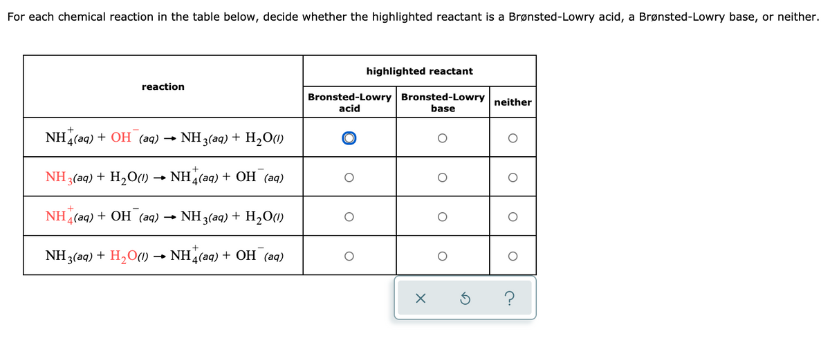 For each chemical reaction in the table below, decide whether the highlighted reactant is a Brønsted-Lowry acid, a Brønsted-Lowry base, or neither.
highlighted reactant
reaction
Bronsted-Lowry Bronsted-Lowry neither
acid
base
+
NH4(aq) + OH (аq)
NH 3(aq) + H,O(1)
NH 3(aq) + H2O(1)
NH 4(aq) + OH (аq)
NH4(aq) + OН (аq)
NH 3(aq) + H2O(1)
+
NH3(aq) + H,О() — NH4(ag) + О (аg)
?
