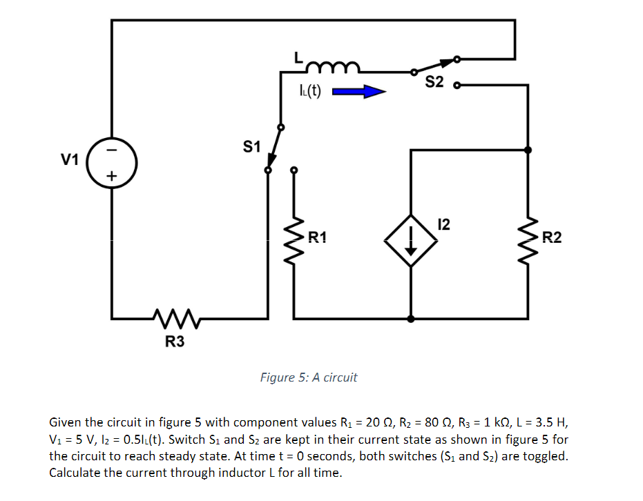 V1
I
+
www
R3
S1
Im
L(t)
R1
Figure 5: A circuit
S2
12
R2
Given the circuit in figure 5 with component values R₁ = 20 ≤2, R₂ = 80 S2, R3 = 1 kN, L = 3.5 H,
V₁ = 5 V, 1₂ = 0.51₁(t). Switch S₁ and S₂ are kept in their current state as shown in figure 5 for
the circuit to reach steady state. At time t = 0 seconds, both switches (S₁ and S₂) are toggled.
Calculate the current through inductor L for all time.