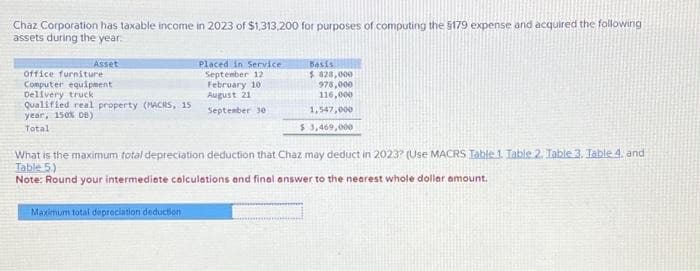 Chaz Corporation has taxable income in 2023 of $1,313,200 for purposes of computing the 5179 expense and acquired the following
assets during the year.
Asset
Office furniture
Computer equipment
Delivery truck
Qualified real property (MACRS, 15
year, 150% DB)
Total
Placed in Service
Basis
September 12
$828,000
978,000
February 101
August 21
116,000
September 30
1,547,000
$ 3,469,000
What is the maximum total depreciation deduction that Chaz may deduct in 2023? (Use MACRS Table 1. Table 2. Table 3. Table 4. and
Table 5.)
Note: Round your intermediate calculations and final answer to the nearest whole dollar amount.
Maximum total depreciation deduction