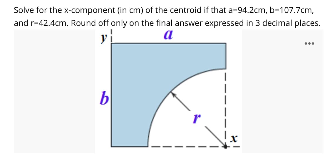 Solve for the x-component (in cm) of the centroid if that a=94.2cm, b=107.7cm,
and r=42.4cm. Round off only on the final answer expressed in 3 decimal places.
a
...
