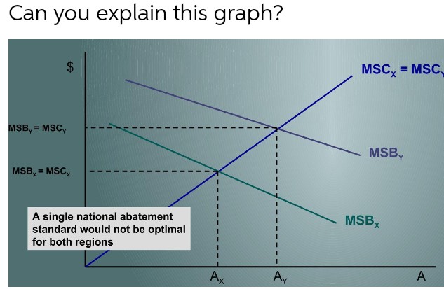 Can you explain this graph?
$
MSC, = MSC,
MSB, = MSC,
MSB,
MSB, = MSC,
%3D
A single national abatement
standard would not be optimal
for both regions
MSBX
Ax
Ay
