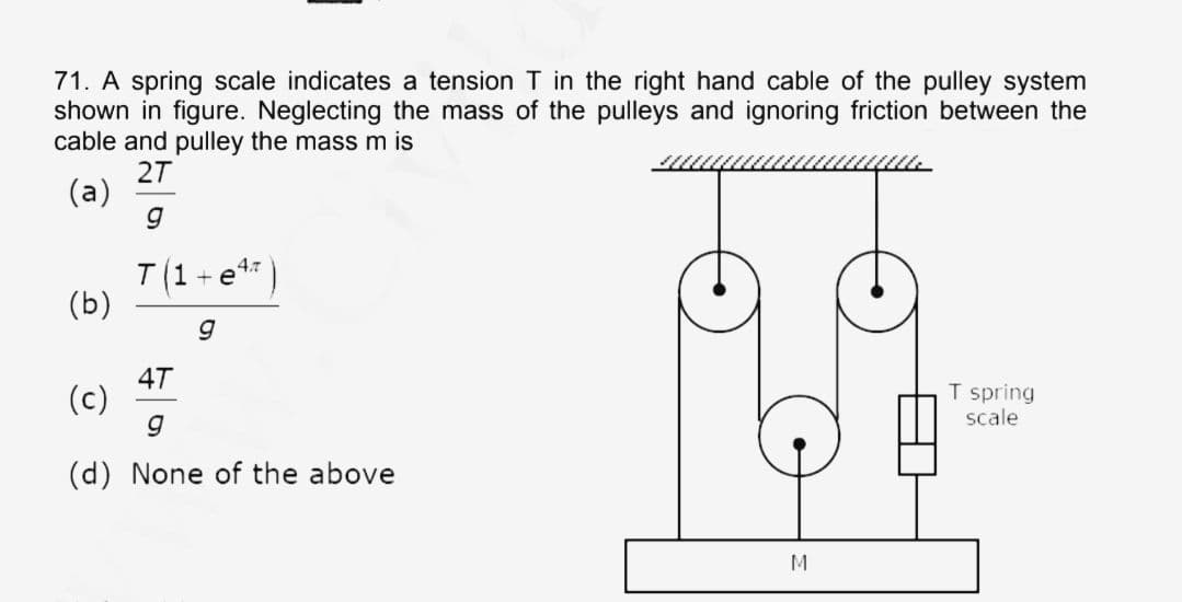 71. A spring scale indicates a tension T in the right hand cable of the pulley system
shown in figure. Neglecting the mass of the pulleys and ignoring friction between the
cable and pulley the mass m is
27
(a)
4.7
T(1 +e
(b)
4T
(c)
spring
scale
(d) None of the above
M
