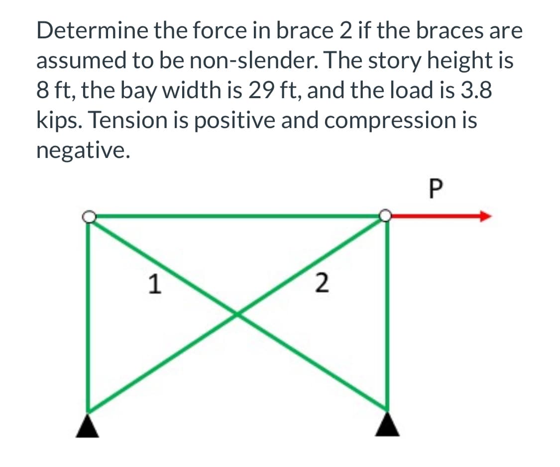 Determine the force in brace 2 if the braces are
assumed to be non-slender. The story height is
8 ft, the bay width is 29 ft, and the load is 3.8
kips. Tension is positive and compression is
negative.
1
2
P