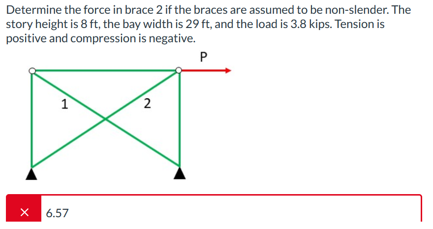 Determine the force in brace 2 if the braces are assumed to be non-slender. The
story height is 8 ft, the bay width is 29 ft, and the load is 3.8 kips. Tension is
positive and compression is negative.
X
1
6.57
2
P