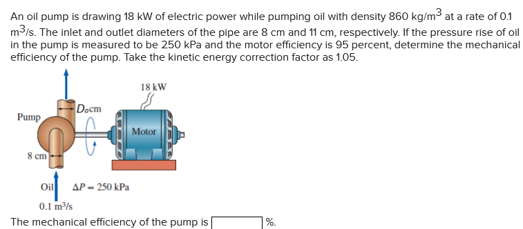 An oil pump is drawing 18 kW of electric power while pumping oil with density 860 kg/m³ at a rate of 0.1
m³/s. The inlet and outlet diameters of the pipe are 8 cm and 11 cm, respectively. If the pressure rise of oil
in the pump is measured to be 250 kPa and the motor efficiency is 95 percent, determine the mechanical
efficiency of the pump. Take the kinetic energy correction factor as 1.05.
Pump
8 cm
D.cm
ΔΡ = 250 kPa
18 kW
Motor
Oil
0.1 m³/s
The mechanical efficiency of the pump is
%.