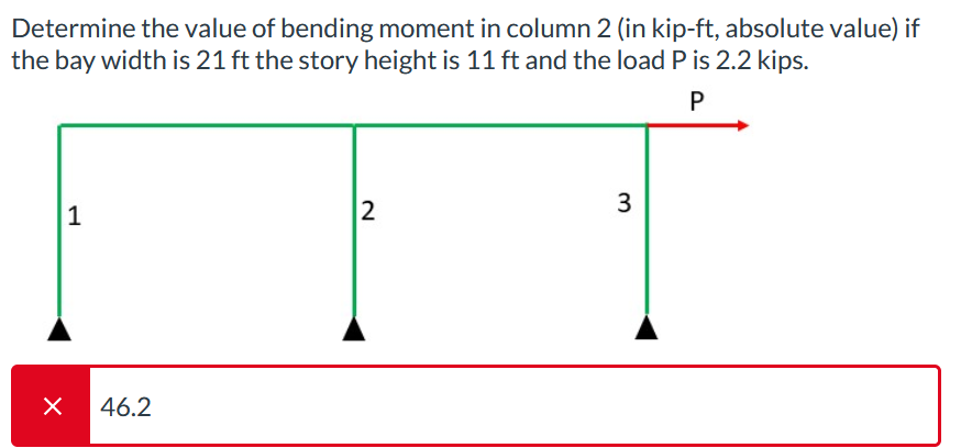 Determine the value of bending moment in column 2 (in kip-ft, absolute value) if
the bay width is 21 ft the story height is 11 ft and the load P is 2.2 kips.
P
X
1
46.2
2
3