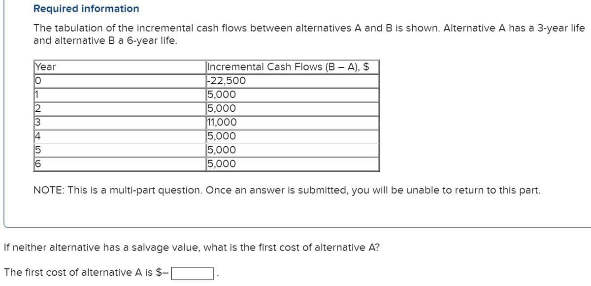 Required information
The tabulation of the incremental cash flows between alternatives A and B is shown. Alternative A has a 3-year life
and alternative B a 6-year life.
Year
Incremental Cash Flows (BA), $
-22,500
5,000
5,000
11,000
5,000
5,000
5,000
NOTE: This is a multi-part question. Once an answer is submitted, you will be unable to return to this part.
0123456
If neither alternative has a salvage value, what is the first cost of alternative A?
The first cost of alternative A is $-
