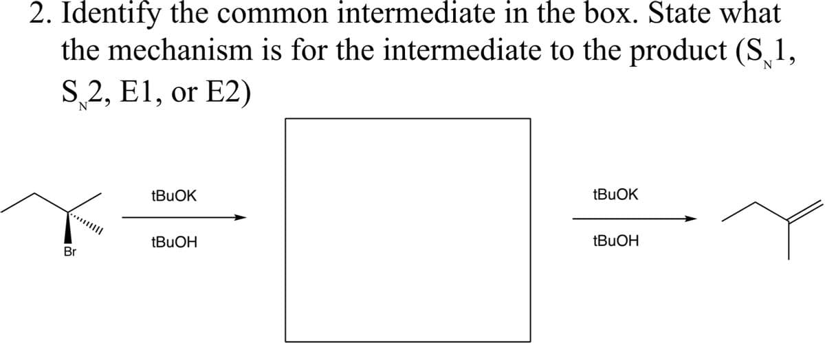 2. Identify the common intermediate in the box. State what
the mechanism is for the intermediate to the product (S.1,
S 2, E1, or E2)
N
Br
|||||
tBuOK
tBuOH
tBuOK
tBuOH