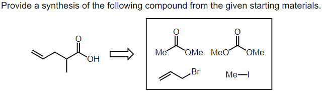 Provide a synthesis of the following compound from the given starting materials.
yhan a when wh
Me OMe MeO
OMe
OH
Br
Me-I