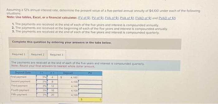 Assuming a 12% annual interest rate, determine the present value of a five-period annual annuity of $4,100 under each of the following
situations:
Note: Use tables, Excel, or a financial calculator. (EV of $1. PV of $1. EVA of $1. PVA of $1. FVAD of $1 and PVAD of $1)
1. The payments are received at the end of each of the five years and interest is compounded annually.
2. The payments are received at the beginning of each of the five years and interest is compounded annually.
3. The payments are received at the end of each of the five years and interest is compounded quarterly.
Complete this question by entering your answers in the tabs below.
Required 1 Required 2
The payments are received at the end of each of the five years and interest is compounded quarterly.
Note: Round your final answers to nearest whole dollar amount.
Deposit
Deposit Date
First payment
Second payment
Third payment
Fourth payment
Fifth payment
is
Required 3
DH
3%
4
3%
8
3% 12
3%
16
3% 20
S
4,100
4,100
4,100
4,100
4,100
S
PV
0