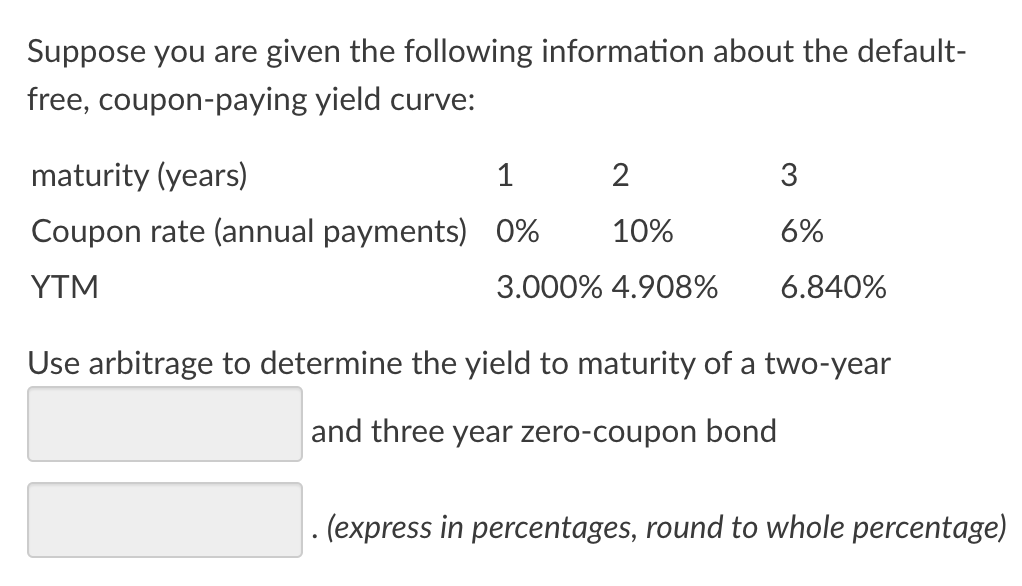 Suppose you are given the following information about the default-
free, coupon-paying yield curve:
maturity (years)
1
Coupon rate (annual payments) 0%
YTM
2
10%
3.000% 4.908%
3
6%
6.840%
Use arbitrage to determine the yield to maturity of a two-year
and three year zero-coupon bond
. (express in percentages, round to whole percentage)