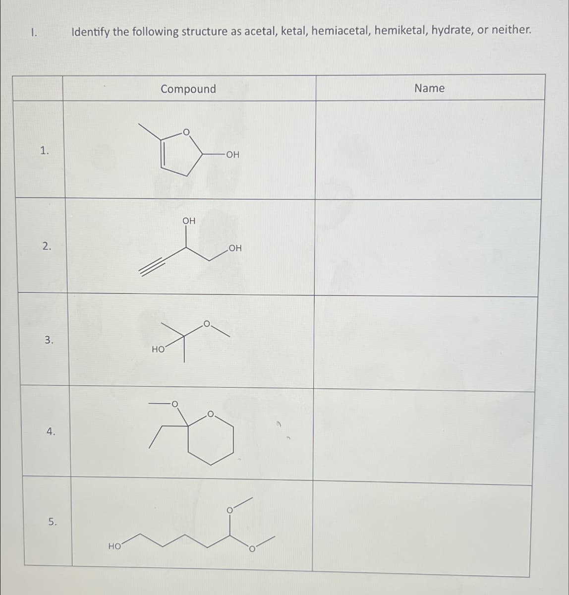 1.
1.
2.
Identify the following structure as acetal, ketal, hemiacetal, hemiketal, hydrate, or neither.
Compound
٥٠
-OH
OH
متر
COH
مام
3.
HO
4.
70
5.
HO
Name