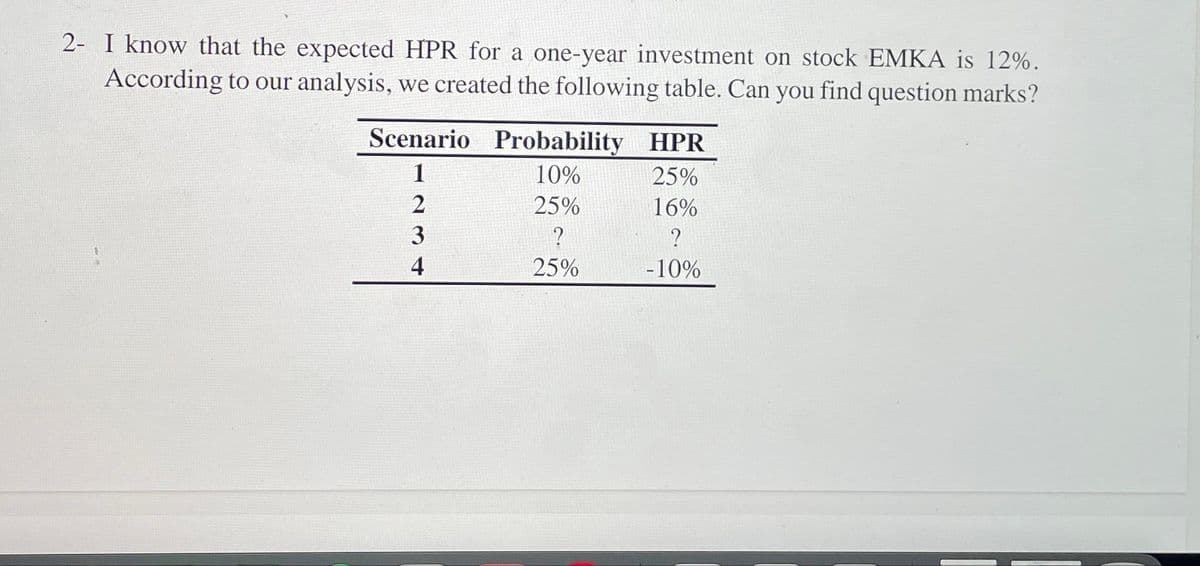 2- I know that the expected HPR for a one-year investment on stock EMKA is 12%.
According to our analysis, we created the following table. Can you find question marks?
Scenario
1
2
3
4
Probability
10%
25%
?
25%
HPR
25%
16%
?
-10%